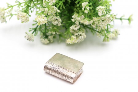 Caixa de comprimidos em prata em forma de livro com gravados na lombada